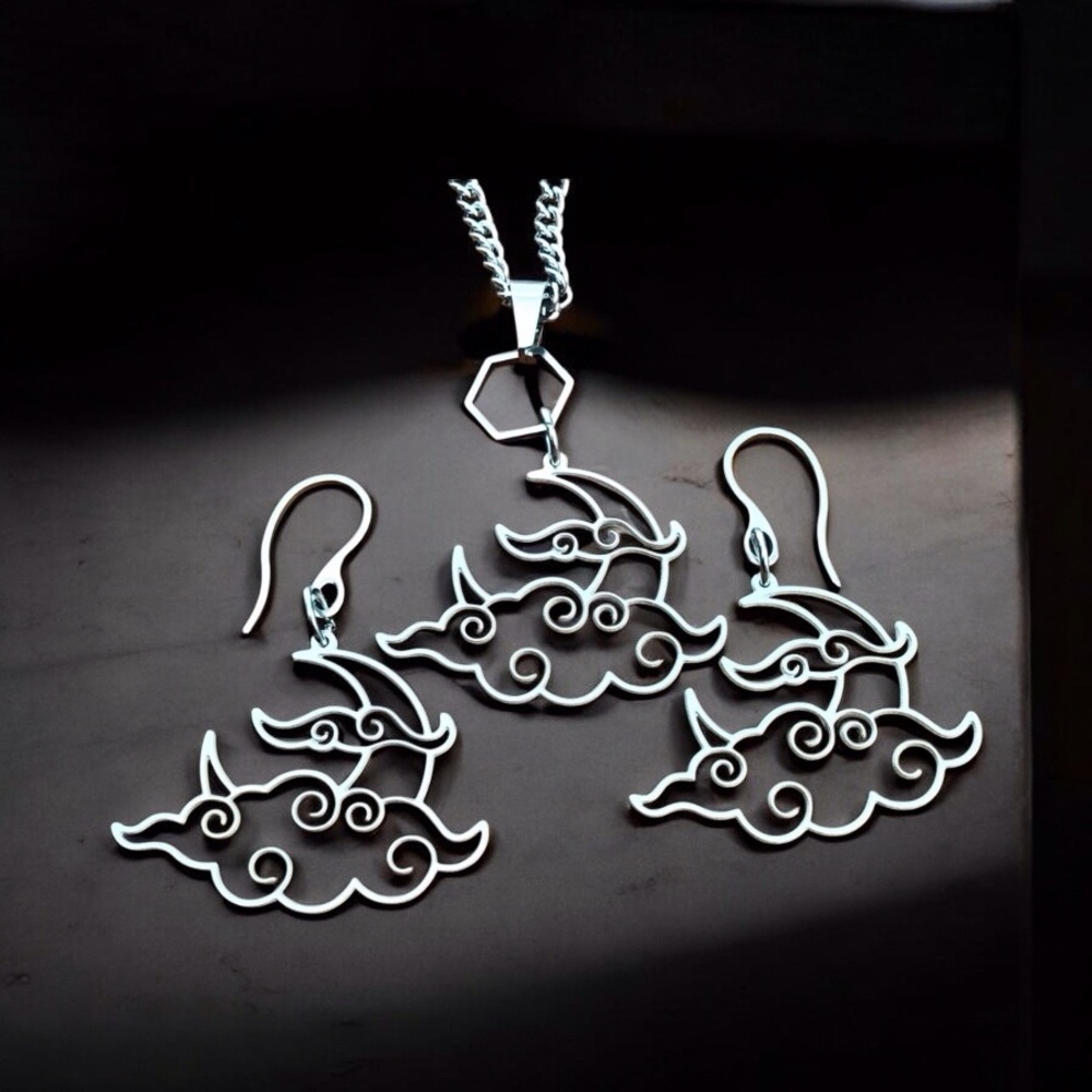 🆕 Moon in the Clouds Laser Etched Necklace and Earrings Set Stainless Steel